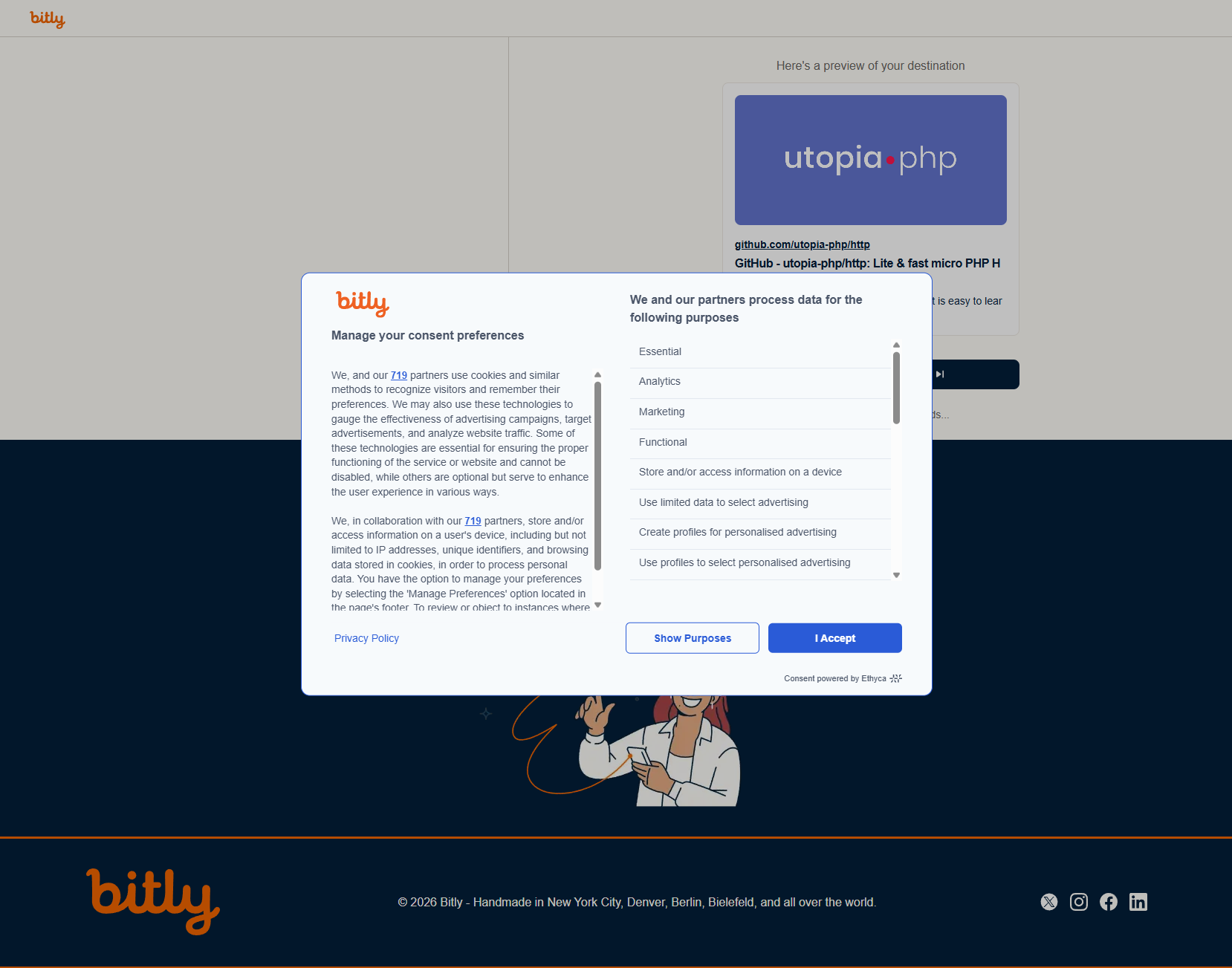 A Bitly page titled Here's a preview of your destination, covered by a consent dialog: We, and our 719 partners use cookies and similar methods to recognize visitors and target advertisements
