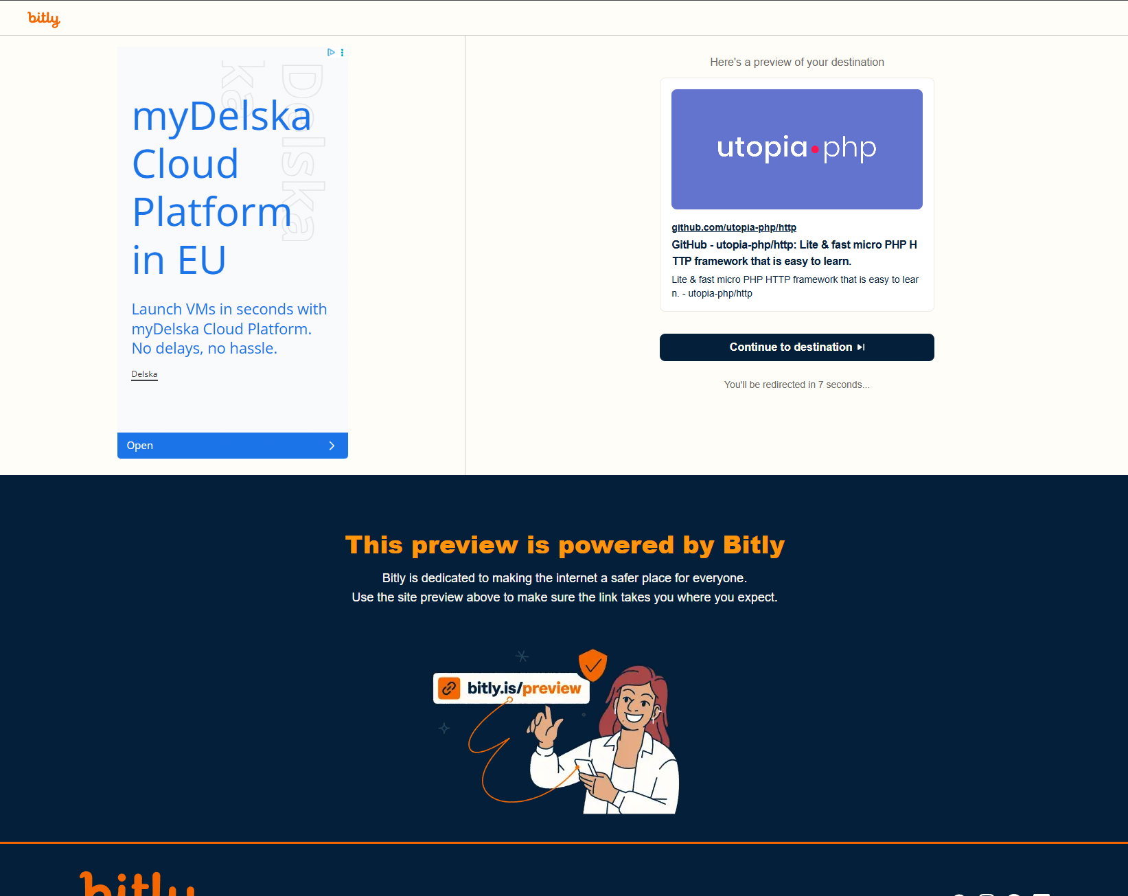 The Bitly preview page after consent: a display ad on the left, the destination preview on the right, a Continue to destination button and the text You'll be redirected in 7 seconds