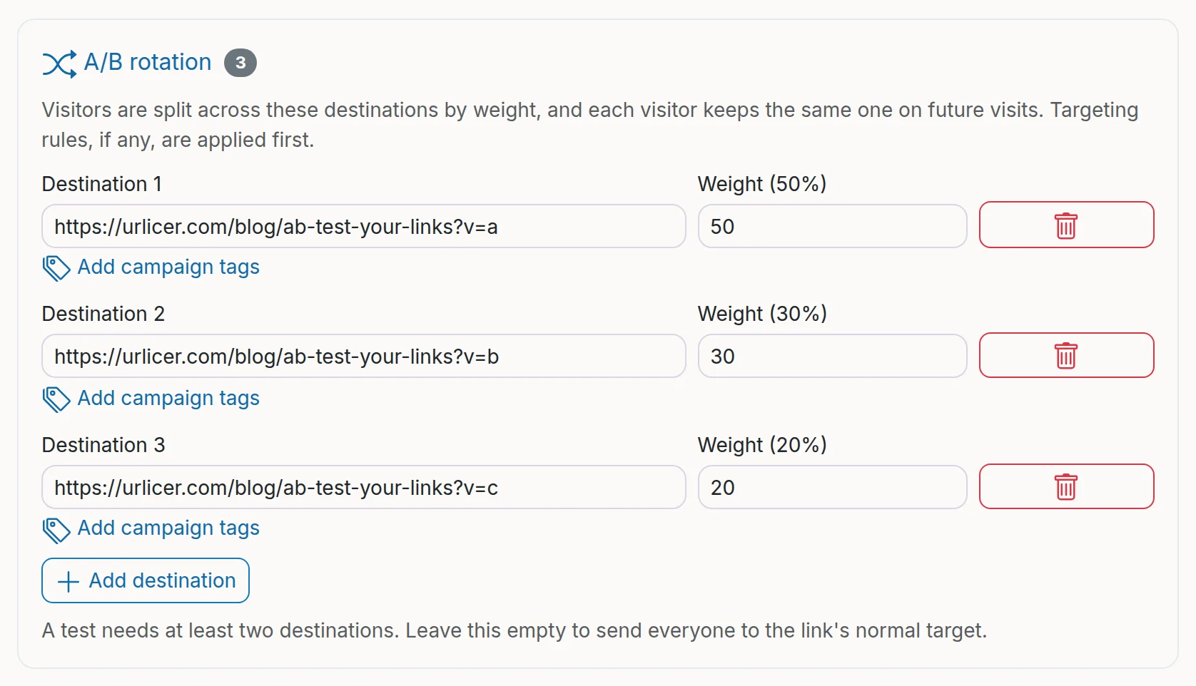 A/B rotation with three destinations weighted 50, 30 and 20, each showing its share as a percentage