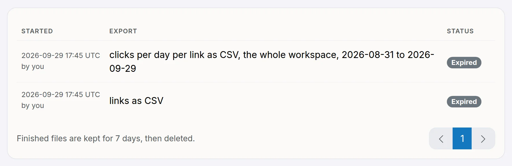 The Exports page: two finished exports, each with a Download button and the date it is kept until
