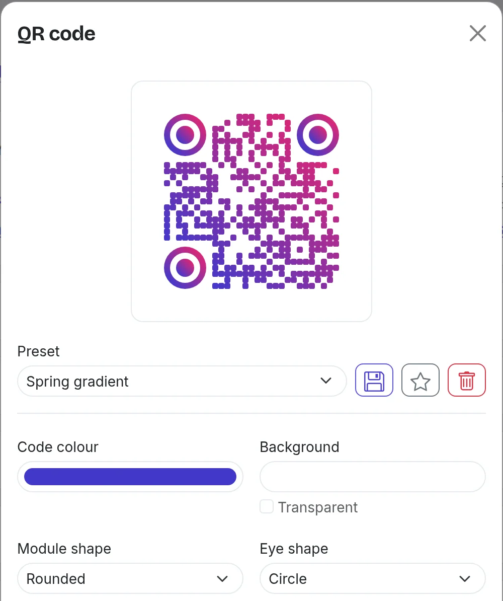 A link's QR code with a gradient, rounded dots and round corner markers, above the preset, colour and shape settings