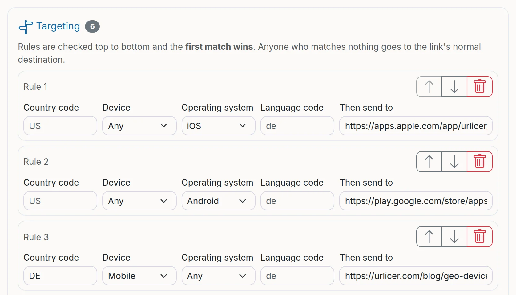 Three targeting rules: iOS to the App Store, Android to Google Play, and mobile visitors in Germany to another page