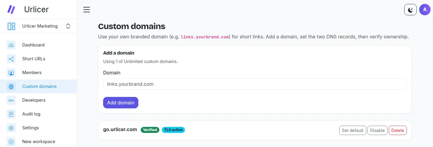 The custom domains page, with go.urlicer.com verified and its certificate active