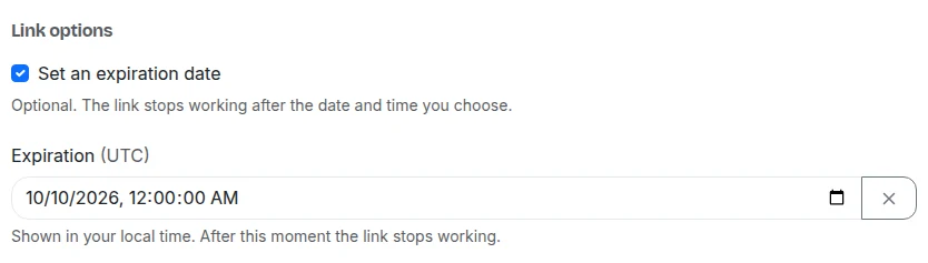 The Link options section of a link's form, with an expiration date set