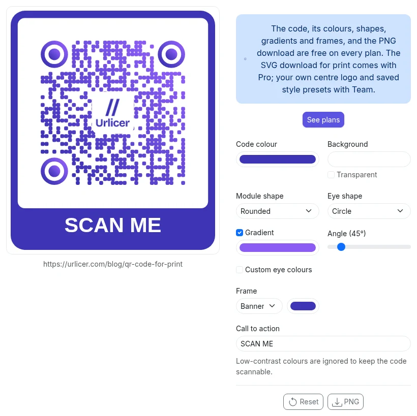 The QR code editor, with colours, a centre logo and a frame applied to a short link